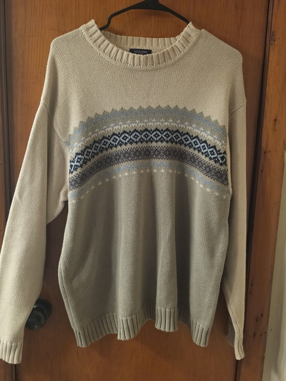 Dockers Beige Crewneck Sweater with Blue and Gray Fair Isle